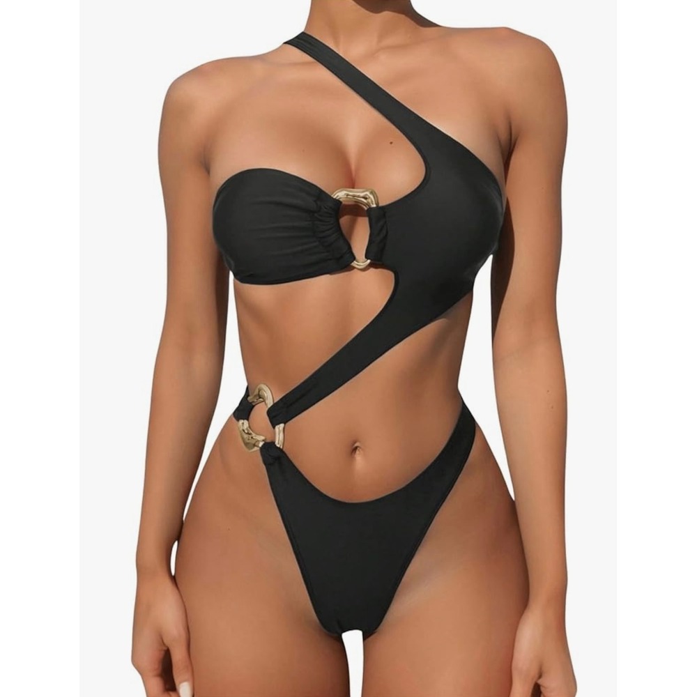 Monokini Black Asymmetric Cut‎ Out Swimsuit with Gold Hardware Small